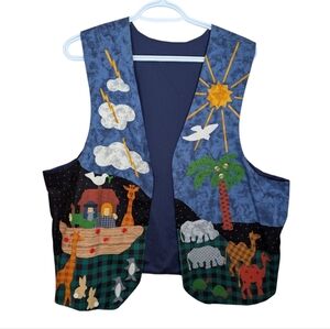 Vintage Handmade Noah Ark Animal 3D Patchwork Open Front Vest XL